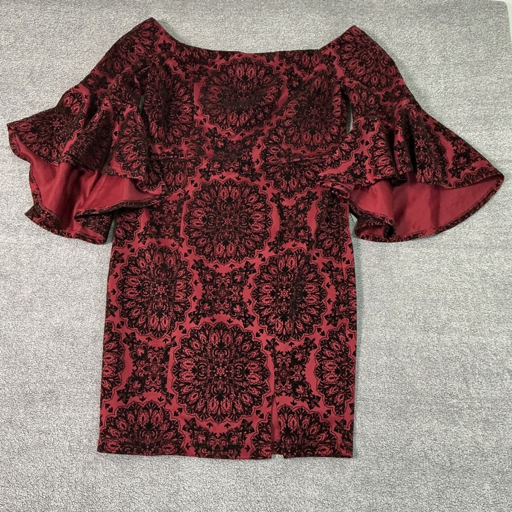 Venus Burgundy Black Velvet Flocked Damask Bell Sleeve Dress Size 16